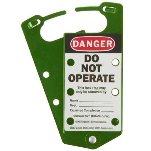 Множители замковые алюминиевые с этикетками «DANGER DO NOT OPERATE», «This energy source has been locked out», 191х76х4 мм, цвет – зеленый, 5шт/упак