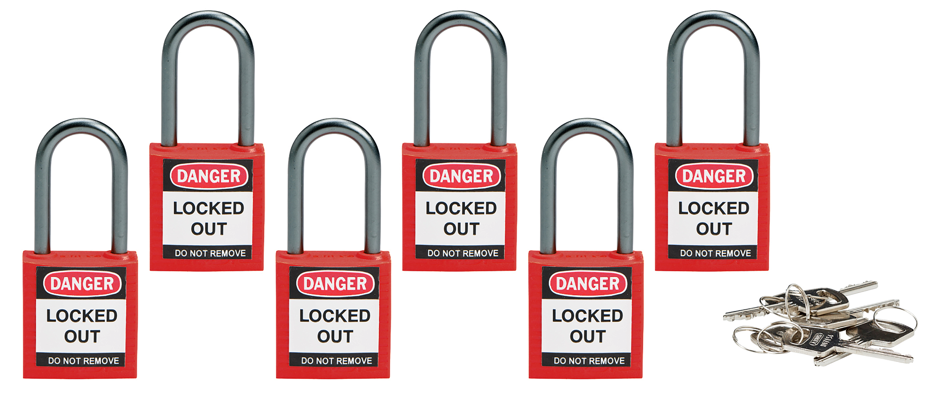 Замки нейлоновые компактные, алюминиевая дужка, высота дужки – 75 мм, диаметр дужки – 4.7 мм, нейлоновый корпус, размеры корпуса – 35х32х16 мм, цвет – белый, 6 шт/упак