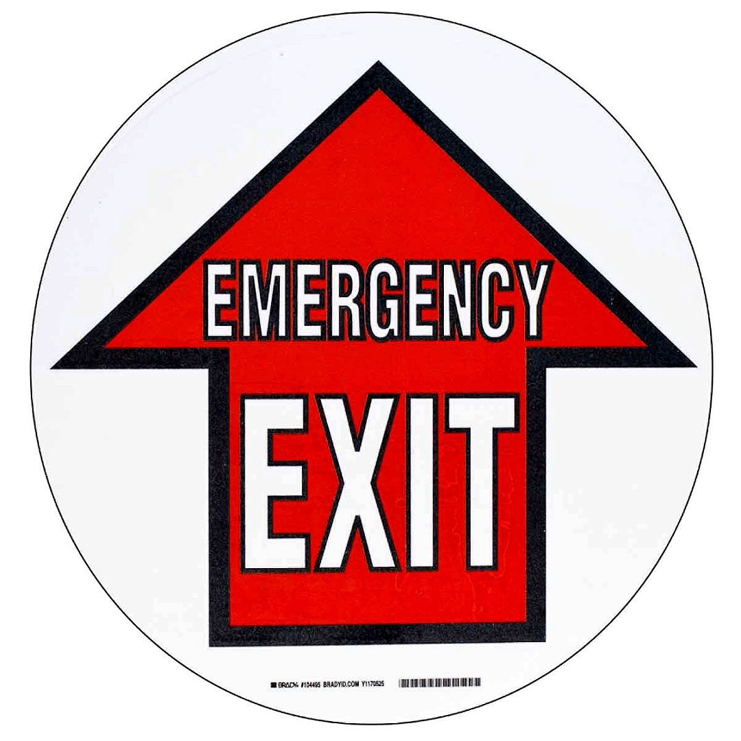 Напольная самоклеющаяся стрелка в рамке "EMERGENSY EXIT", материал В-534, цвет - черный и красный на белом, диаметр 431,8 мм