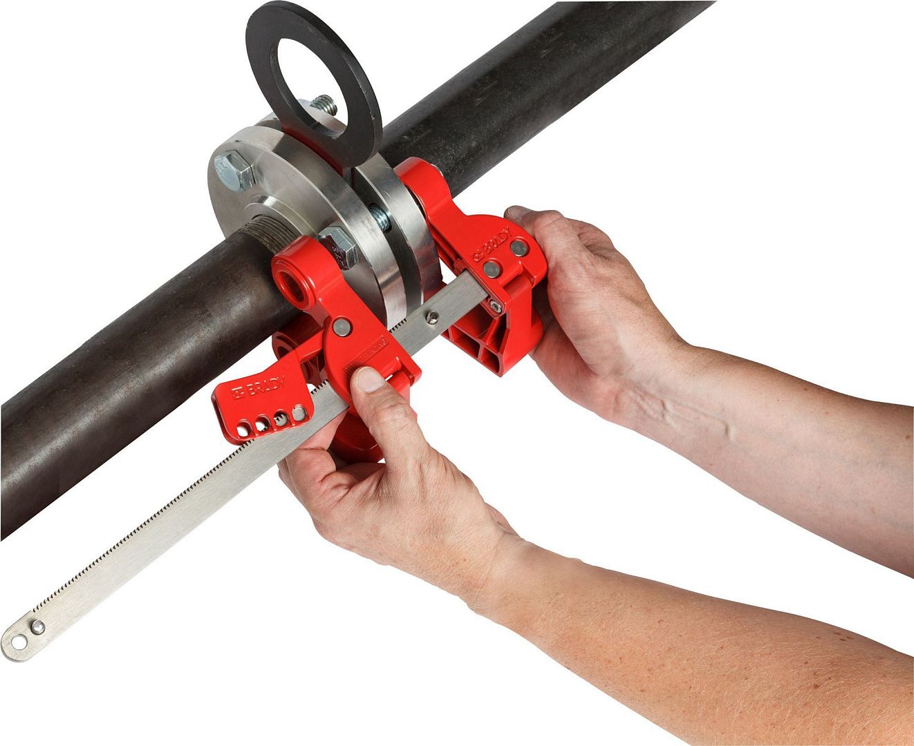 Блокиратор фланцевых соединений средний, алюминиевый сплав и сталь, диаметр трубы – 76.2-355.6 мм, диаметр гайки – 23-32 мм, 447х127х114 мм, цвет – красный, 1 шт/упак