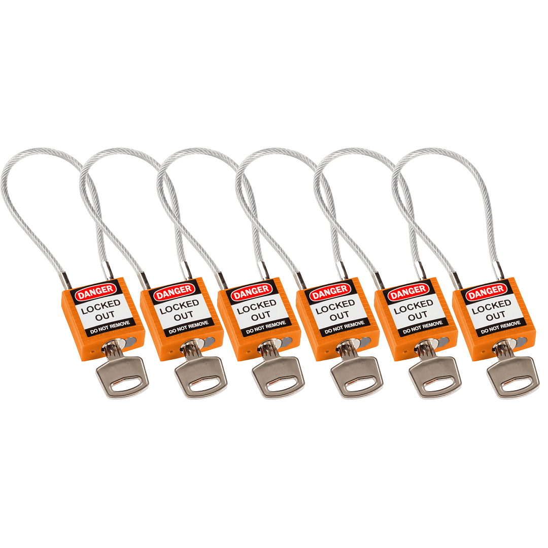 Замки нейлоновые компактные с гибкой дужкой, дужка – стальной трос в виниловой оболочке, высота дужки – 107 мм, диаметр дужки – 4.7 мм, нейлоновый корпус, размеры корпуса – 35х32х16 мм, цвет – оранжевый, 6 шт/упак