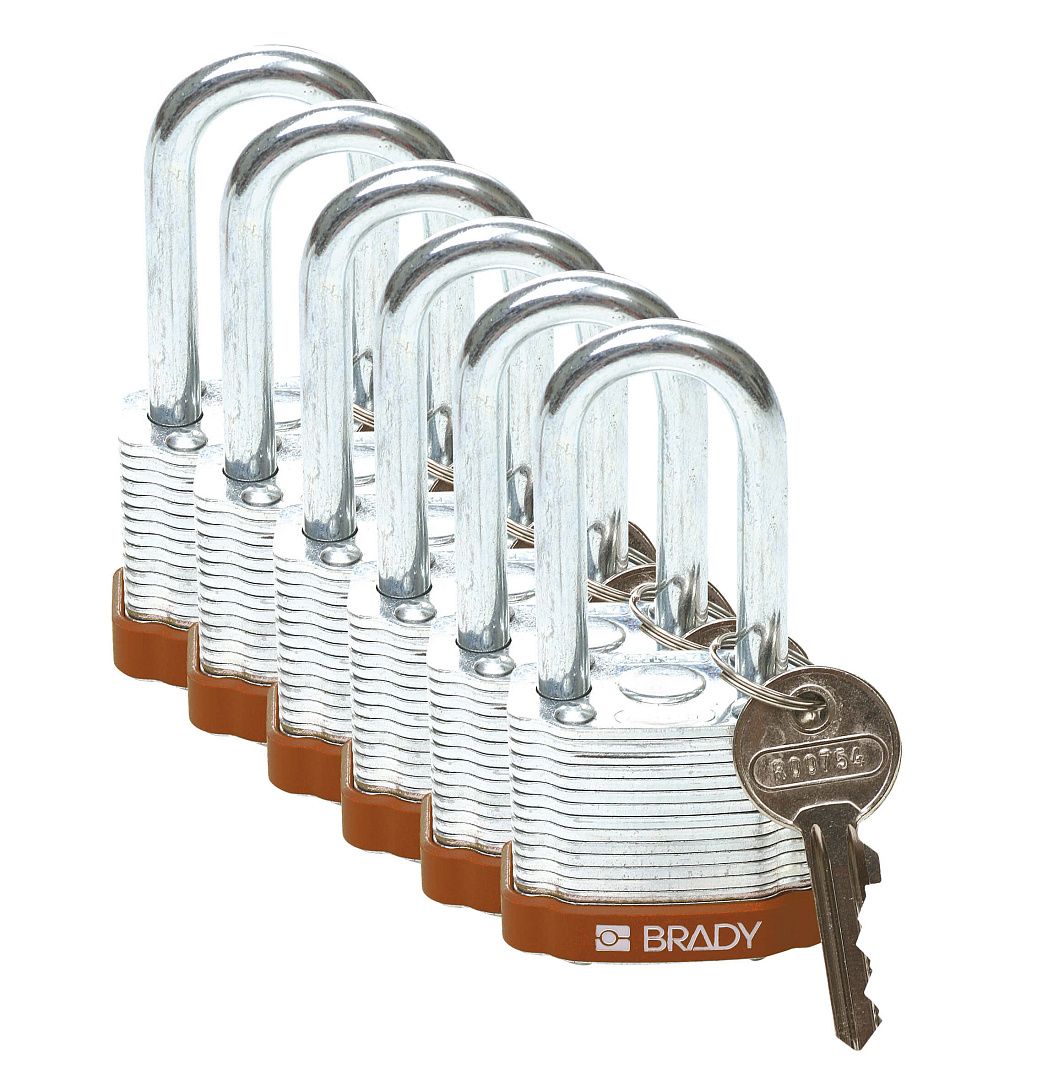 Замки стальные ламинированные, стальная дужка, высота дужки – 38 мм, диаметр дужки – 6.5 мм, корпус из стальных пластин, размеры корпуса – 29х43х26 мм, цвет – коричневый, 6 шт/упак