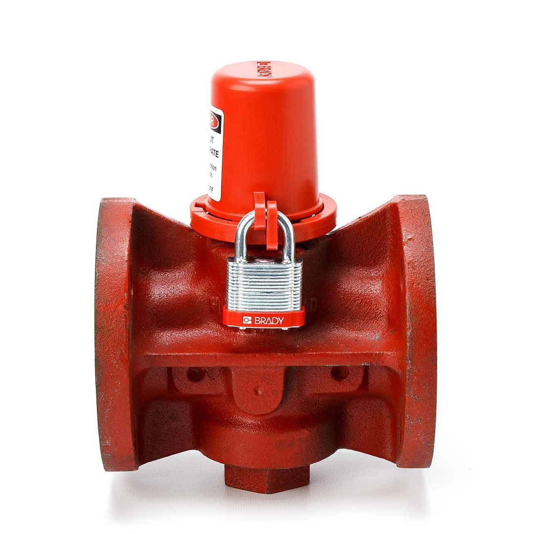 Блокиратор вентиля со съёмной рукоятью, полипропилен, диаметр отверстия для шпинделя – 64 мм, 112х120 мм, цвет – красный, 1 шт/упак