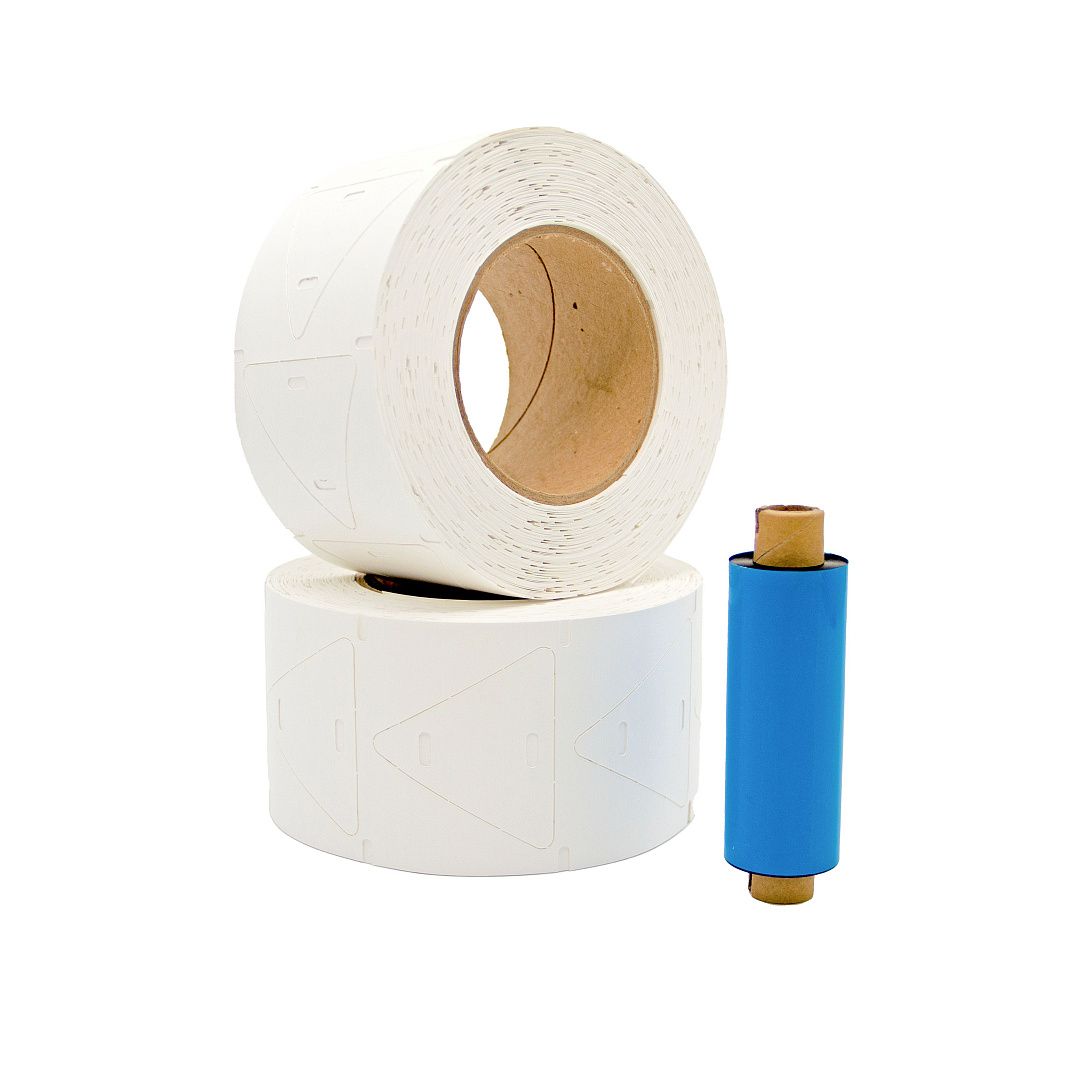 Комплект для маркировки кабеля: бирка У-136 (форма-треугольник), материал - полипропилен, размер 55х60 мм, 1000 шт. (2 рулона по 500 шт.); риббон Resin, цвет - черный, размер 85мм х 74м, втулка 12.7мм