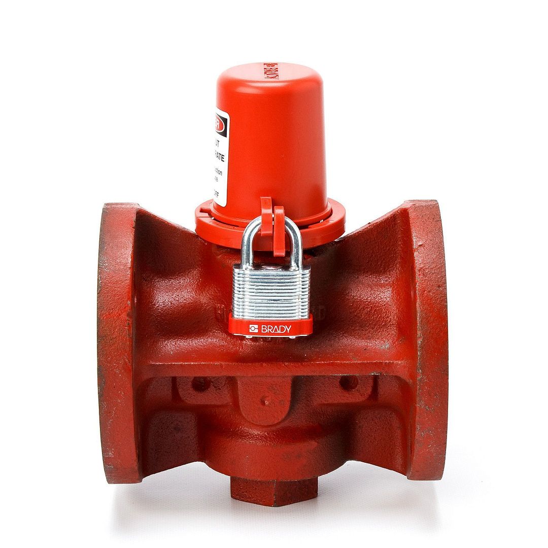 Блокиратор вентиля со съёмной рукоятью, полипропилен, диаметр отверстия для шпинделя – 22 мм, 86х81 мм, цвет – красный, 1 шт/упак