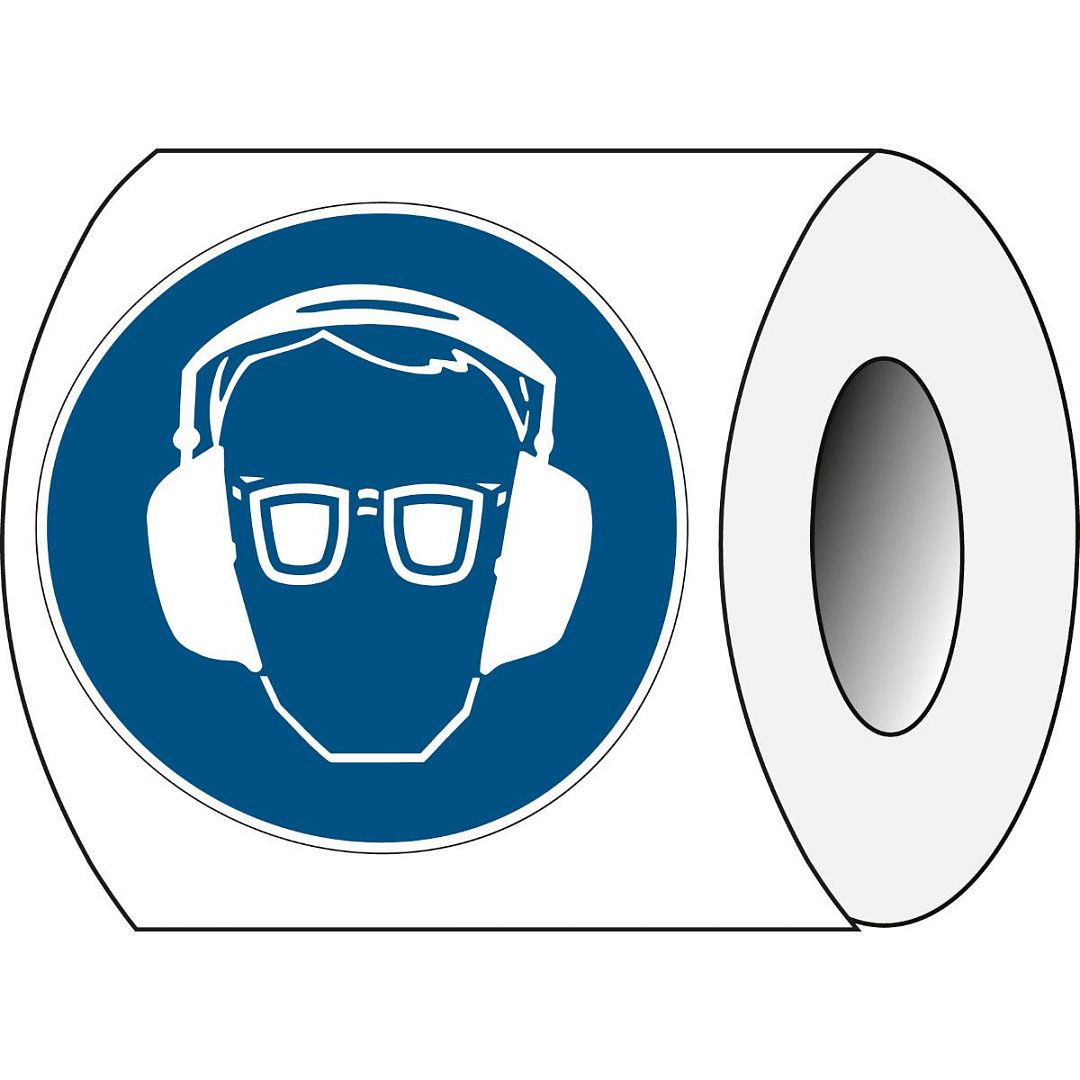 PIC 268 Предписывающий знак безопасности "Работать в защитных очках и наушниках", 50 мм, 250 шт/рул , B-7541(ламинированный полиэстер)"