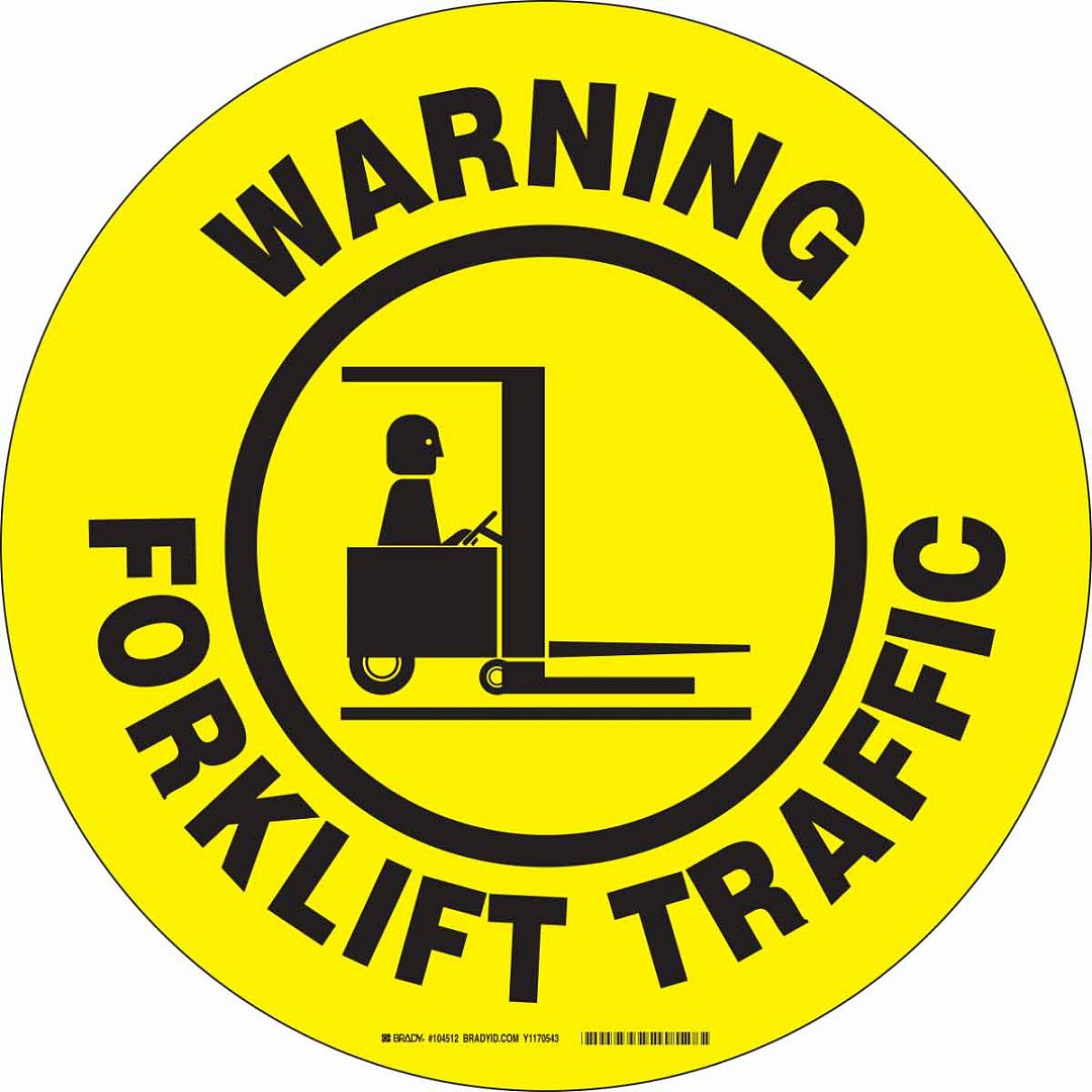 Напольная самоклеющаяся табличка с надписью "Warning Forklift Traffic", материал В-534, цвет - черный  на желтом, диаметр 431,8 мм