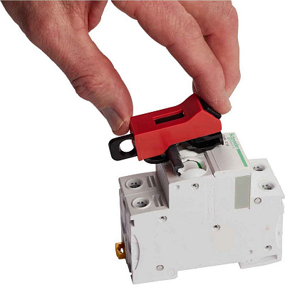 Блокиратор полюсных автоматов с винтом, нейлон и сталь, толщина переключателя – до 8.6 мм, 61х17х29 мм, цвет – красный, 1 шт/упак