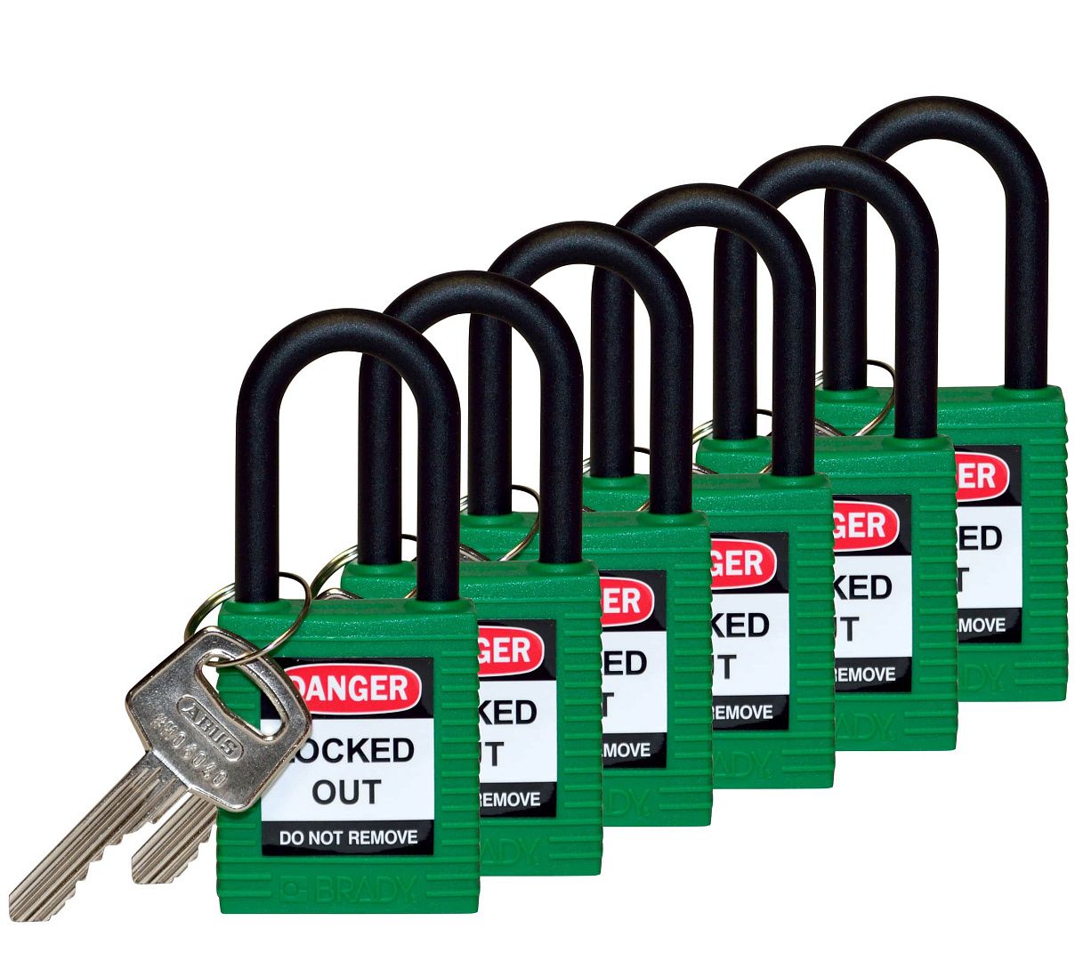 Замки нейлоновые с пластиковой дужкой, высота дужки – 38 мм, диаметр дужки – 6.4 мм, нейлоновый корпус, размеры корпуса – 45х38х20 мм, цвет – зеленый, 6 шт/упак 