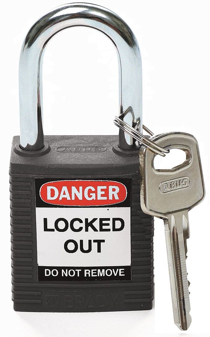 Замки нейлоновые со стальной дужкой, высота дужки – 38 мм, диаметр дужки – 6.4 мм, нейлоновый корпус, размеры корпуса – 45х38х20 мм, цвет – черный, 6 шт/упак