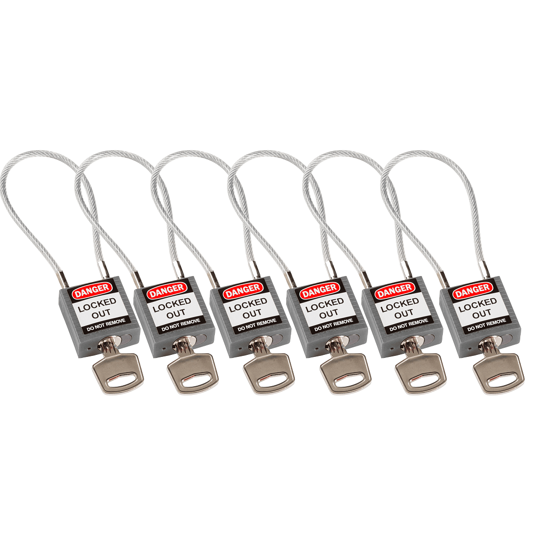 Замки нейлоновые компактные с гибкой дужкой, дужка – стальной трос в виниловой оболочке, высота дужки – 107 мм, диаметр дужки – 4.7 мм, нейлоновый корпус, размеры корпуса – 35х32х16 мм, цвет – серый, 6 шт/упак