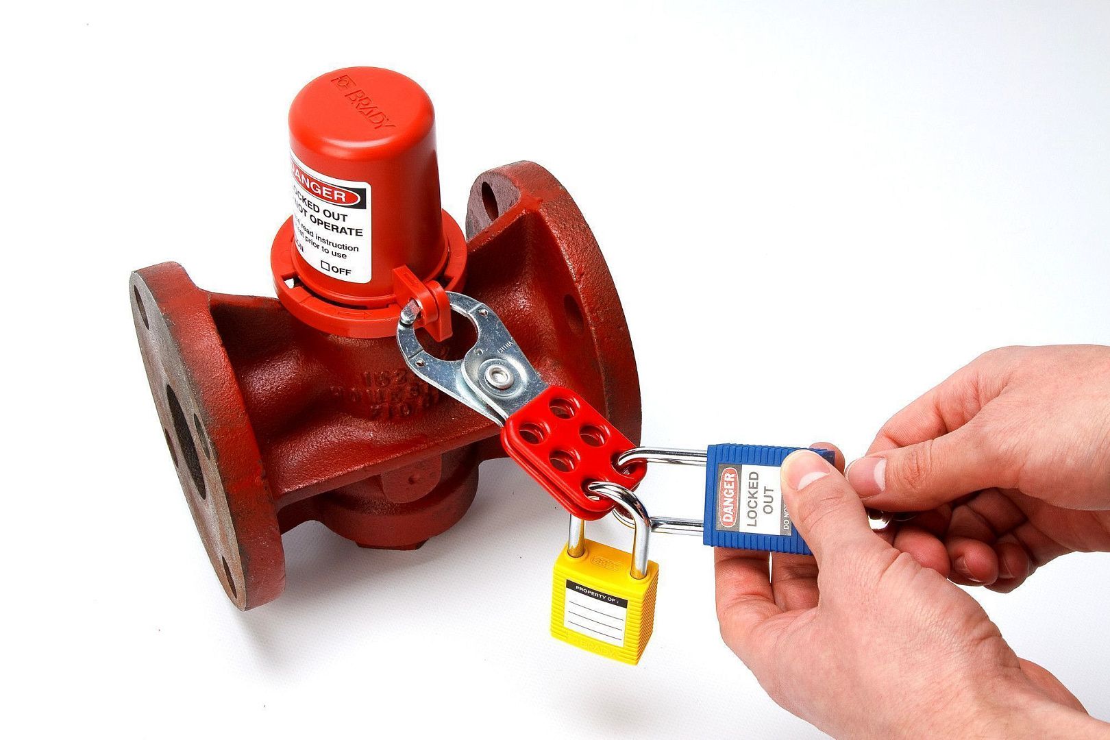 Блокиратор вентиля со съёмной рукоятью, полипропилен, диаметр отверстия для шпинделя – 22 мм, 86х81 мм, цвет – красный, 1 шт/упак