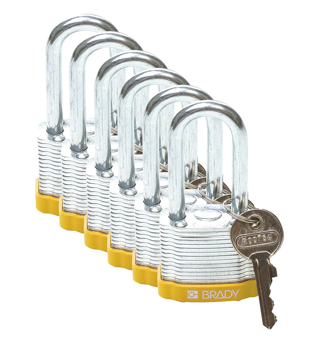 Замки стальные ламинированные, стальная дужка, высота дужки – 38 мм, диаметр дужки – 6.5 мм, корпус из стальных пластин, размеры корпуса – 29х43х26 мм, цвет – желтый, 6 шт/упак
