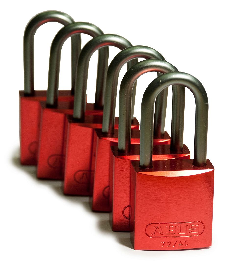 Замки алюминиевые стандартные, алюминиевая дужка, высота дужки – 38 мм, диаметр дужки – 6.5 мм, алюминиевый корпус, размеры корпуса – 40х38х19 мм, цвет – красный, 6 шт/упак