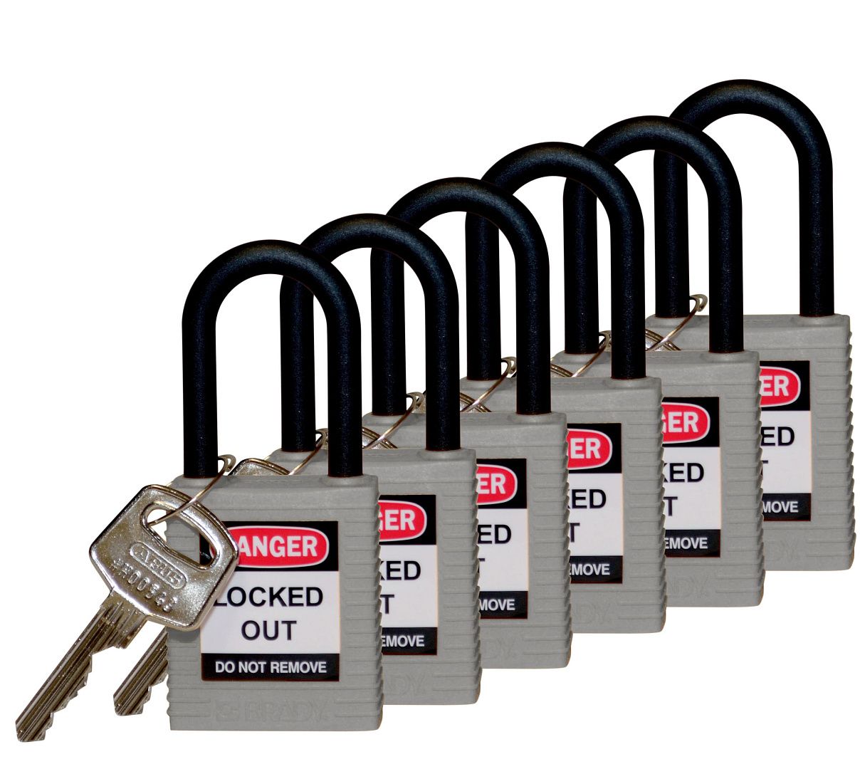 Замки нейлоновые с пластиковой дужкой, высота дужки – 38 мм, диаметр дужки – 6.4 мм, нейлоновый корпус, размеры корпуса – 45х38х20 мм, цвет – серый, 6 шт/упак 