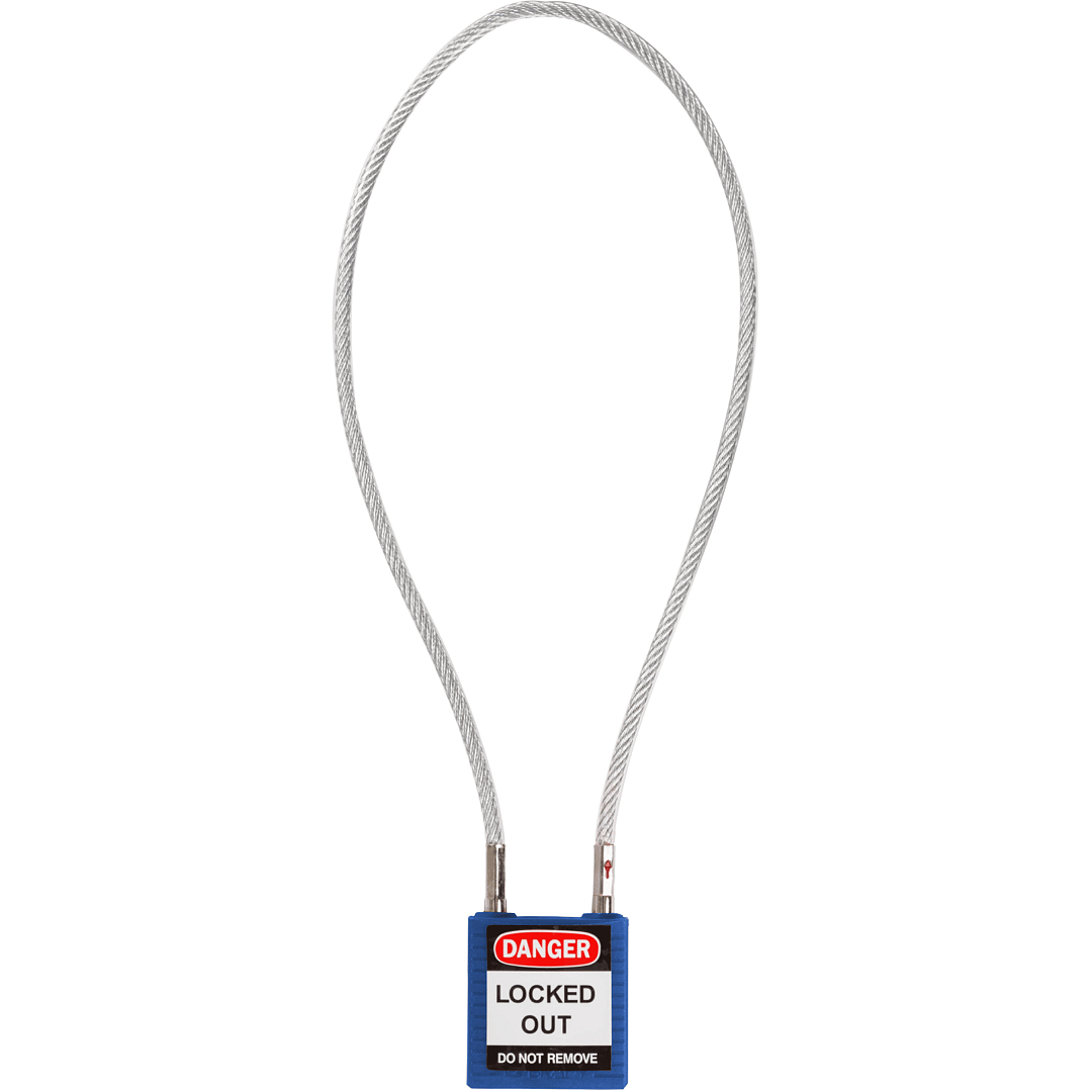 Замок нейлоновый компактный с гибкой дужкой, дужка – стальной трос в виниловой оболочке, высота дужки – 216 мм, диаметр дужки – 4.7 мм, нейлоновый корпус, размеры корпуса – 35х32х16 мм, цвет – синий, 1 шт/упак