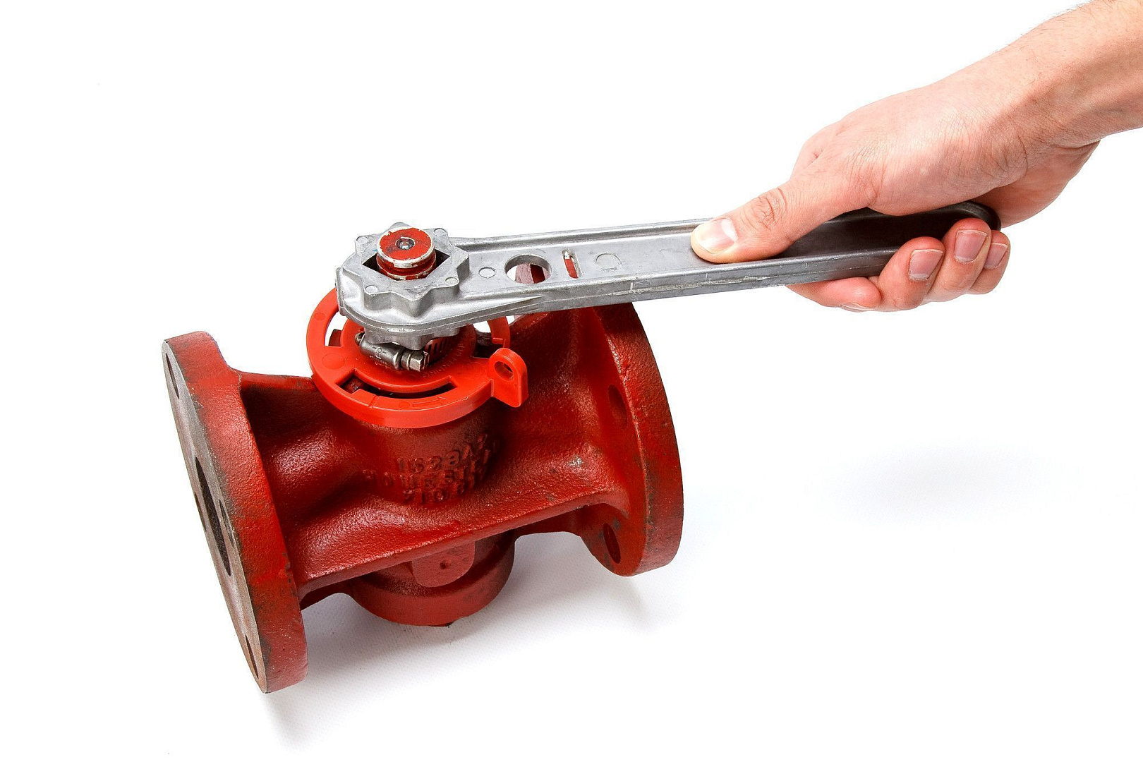 Блокиратор вентиля со съёмной рукоятью, полипропилен, диаметр отверстия для шпинделя – 64 мм, 112х120 мм, цвет – красный, 1 шт/упак