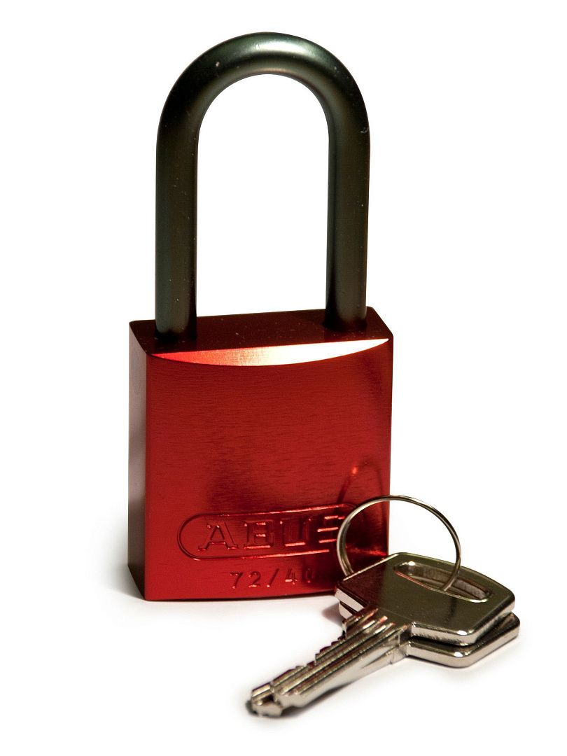 Замки алюминиевые стандартные, алюминиевая дужка, высота дужки – 38 мм, диаметр дужки – 6.5 мм, алюминиевый корпус, размеры корпуса – 40х38х19 мм, цвет – красный, 6 шт/упак