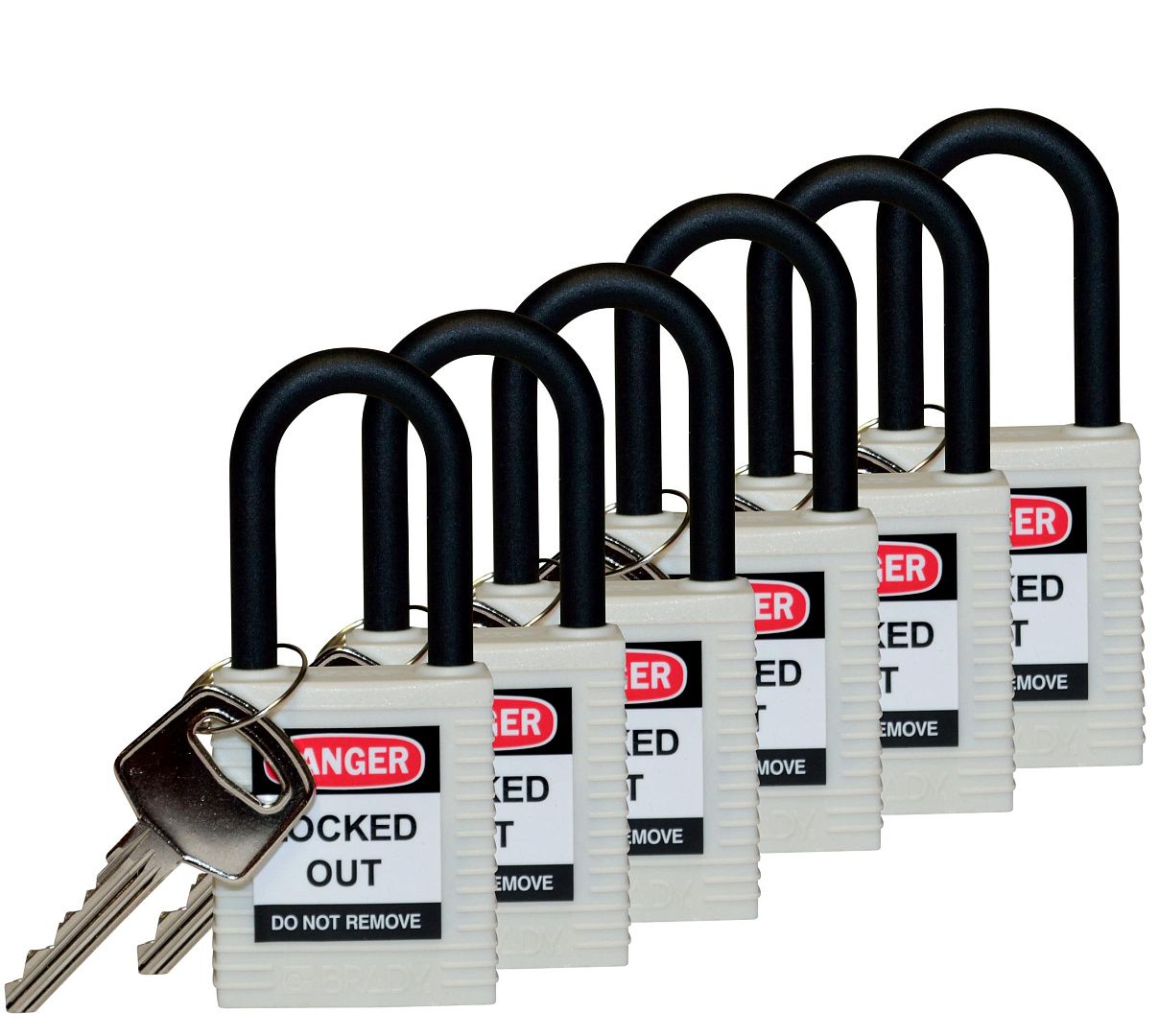 Замки нейлоновые с пластиковой дужкой, высота дужки – 38 мм, диаметр дужки – 6.4 мм, нейлоновый корпус, размеры корпуса – 45х38х20 мм, цвет – белый, 6 шт/упак 