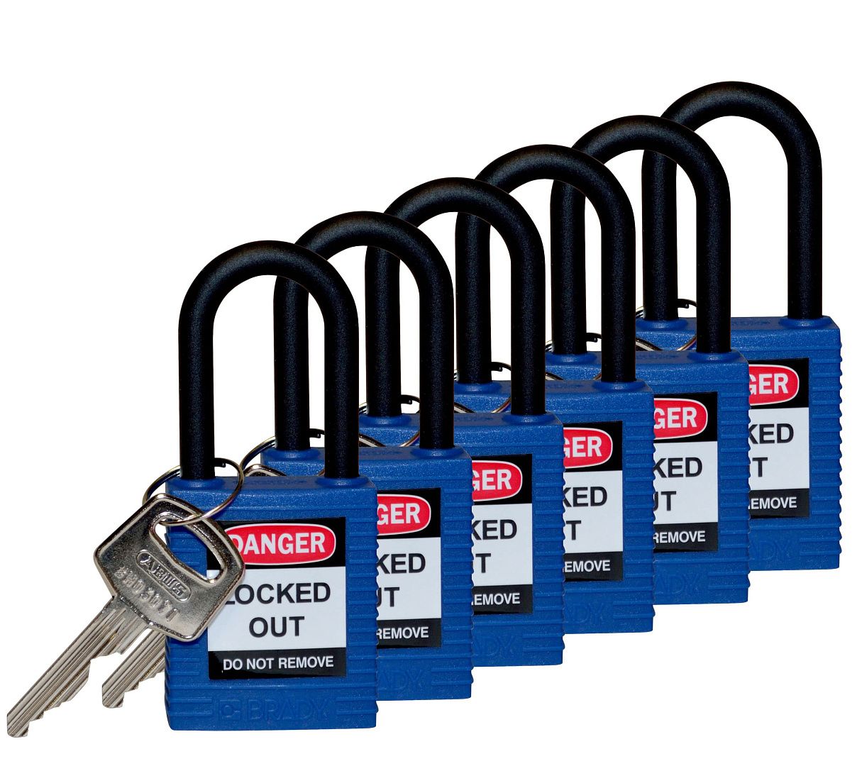 Замки нейлоновые с пластиковой дужкой, высота дужки – 38 мм, диаметр дужки – 6.4 мм, нейлоновый корпус, размеры корпуса – 45х38х20 мм, цвет – синий, 6 шт/упак 