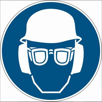 Предписывающий знак безопасности "Работать в защитных очках, наушниках и каске"
