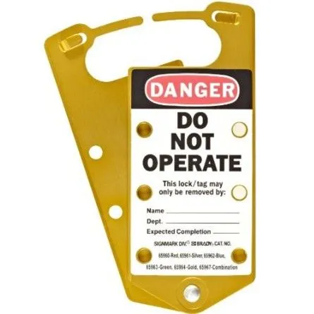 Множители замковые алюминиевые с этикетками «DANGER DO NOT OPERATE», «This energy source has been locked out», 191х76х4 мм, цвет – золотистый, 5шт/упак